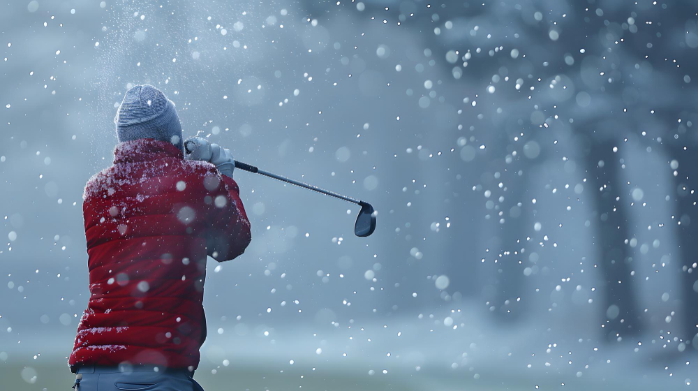 A man is playing golf in the snow and is wearing a red jacket