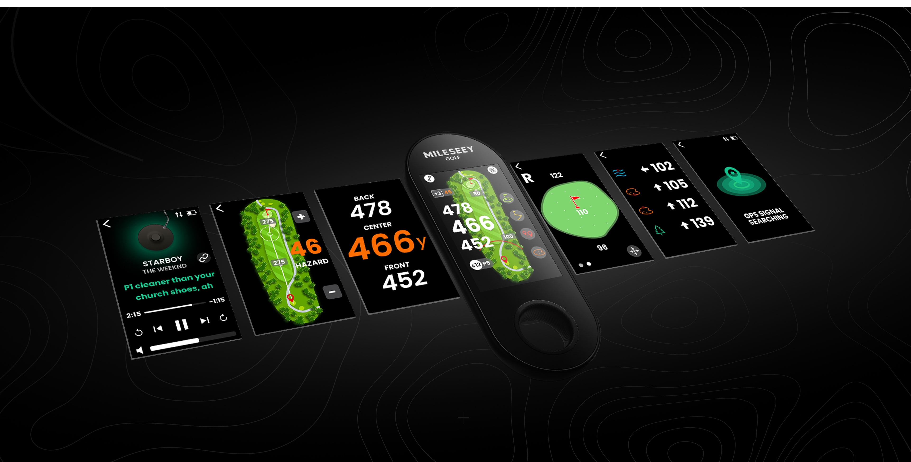 GeneSonic Go displaying golf course maps, front-center-back distances, green view, and GPS features