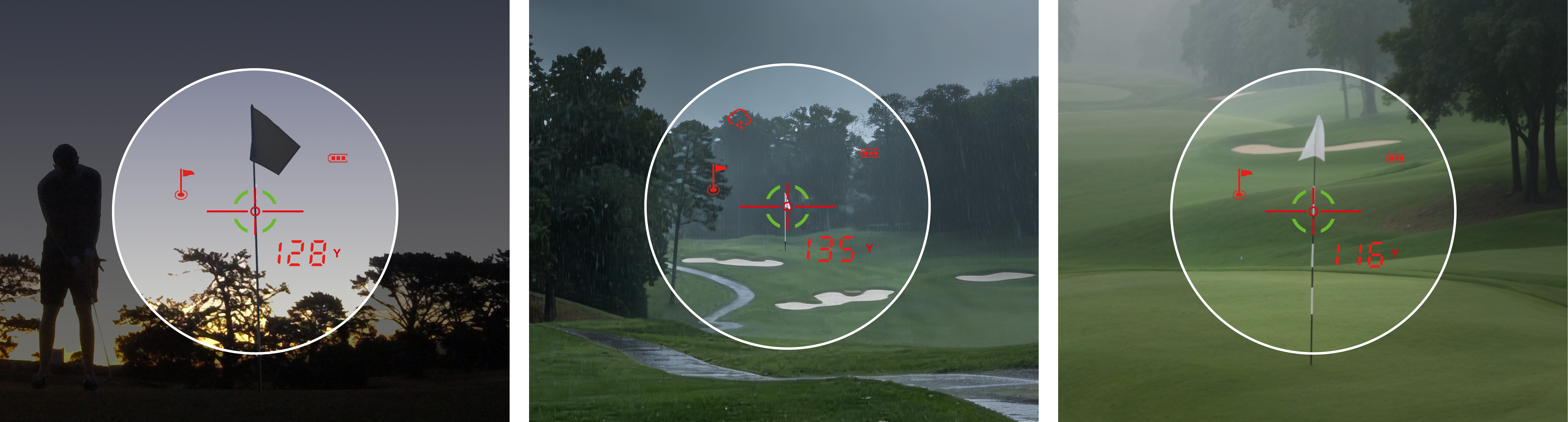 MILESEEY IONME2 Golf Rangefinder Precise Flag Lock Display in Different Conditions: Twilight (128 yd), Rainy Day (135 yd), and Morning Mist (116 yd)