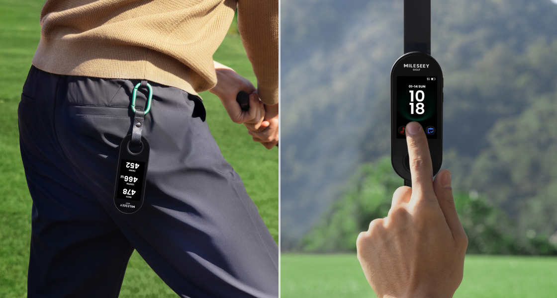 MILESEEY GeneSonic Go Golf GPS Handheld clipped to a golfer's belt loop and magnetically attached to a golf cart bar