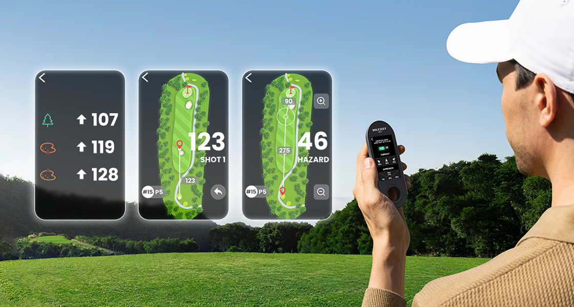 Golfer holding the MILESEEY GeneSonic Go Golf GPS Handheld to check yardages, hole layouts, and hazard alerts