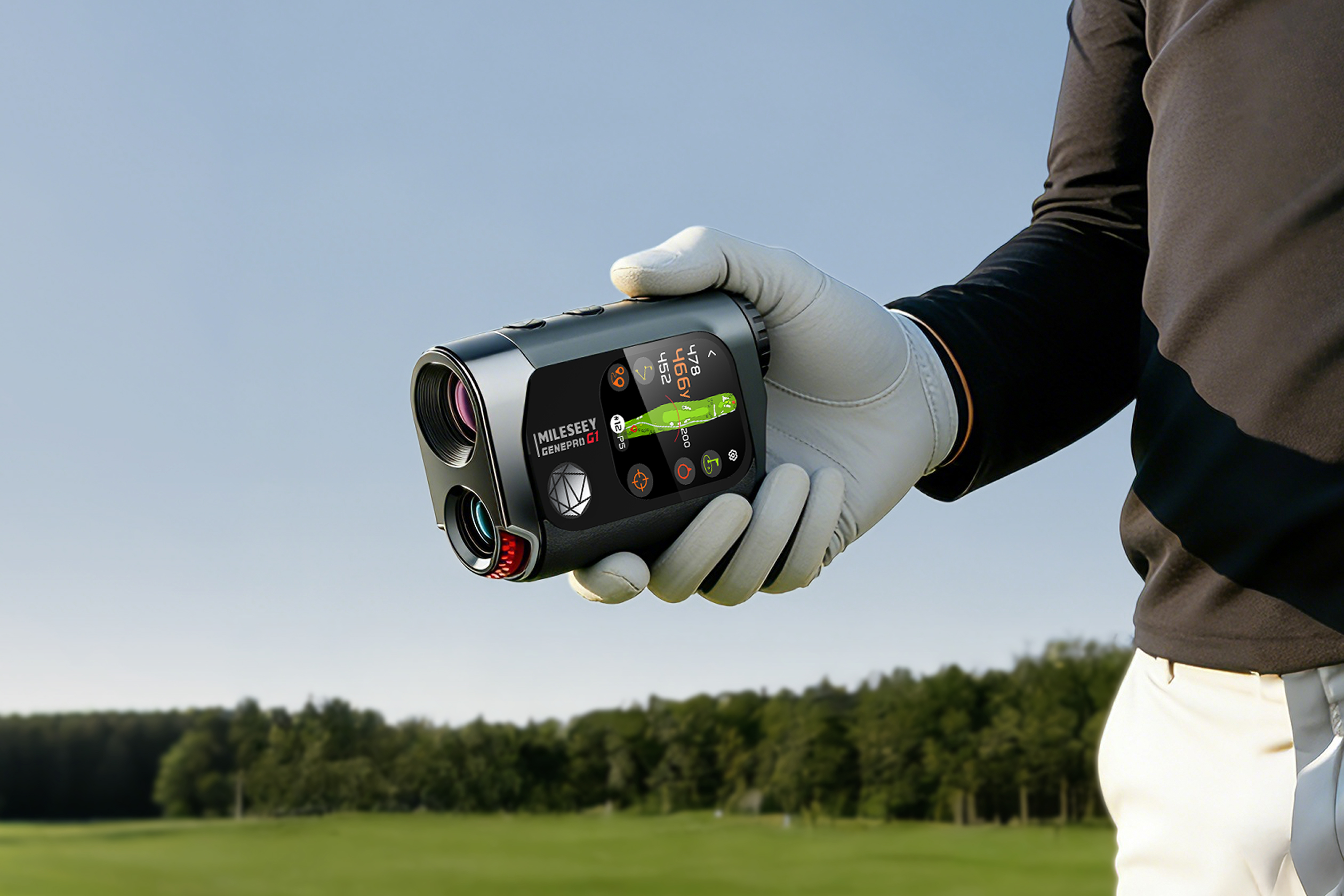 Golfer holding MILESEEY GenePro G1 rangefinder on course