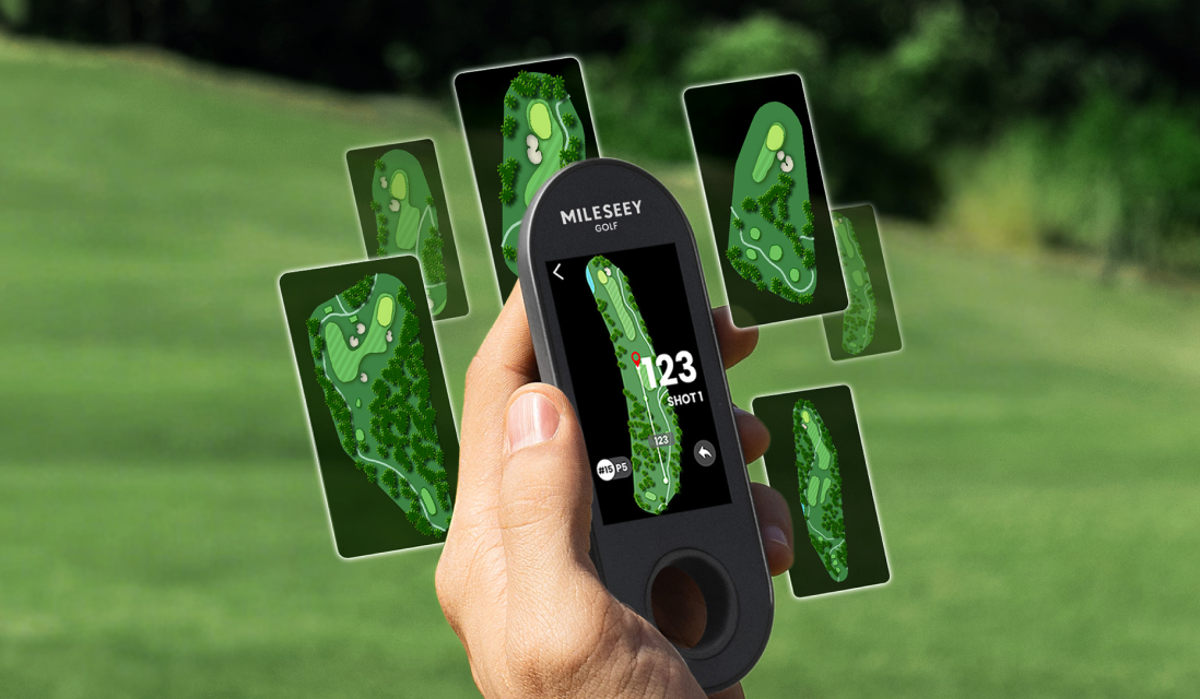 MILESEEY GeneSonic Go Golf GPS Handheld clipped to a golfer's belt loop, touchscreen display showing the time