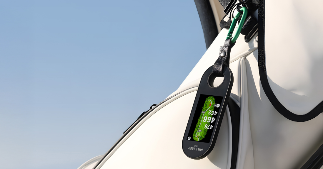 MILESEEY GeneSonic Go Golf GPS Handheld hanging from a golf bag via carabiner