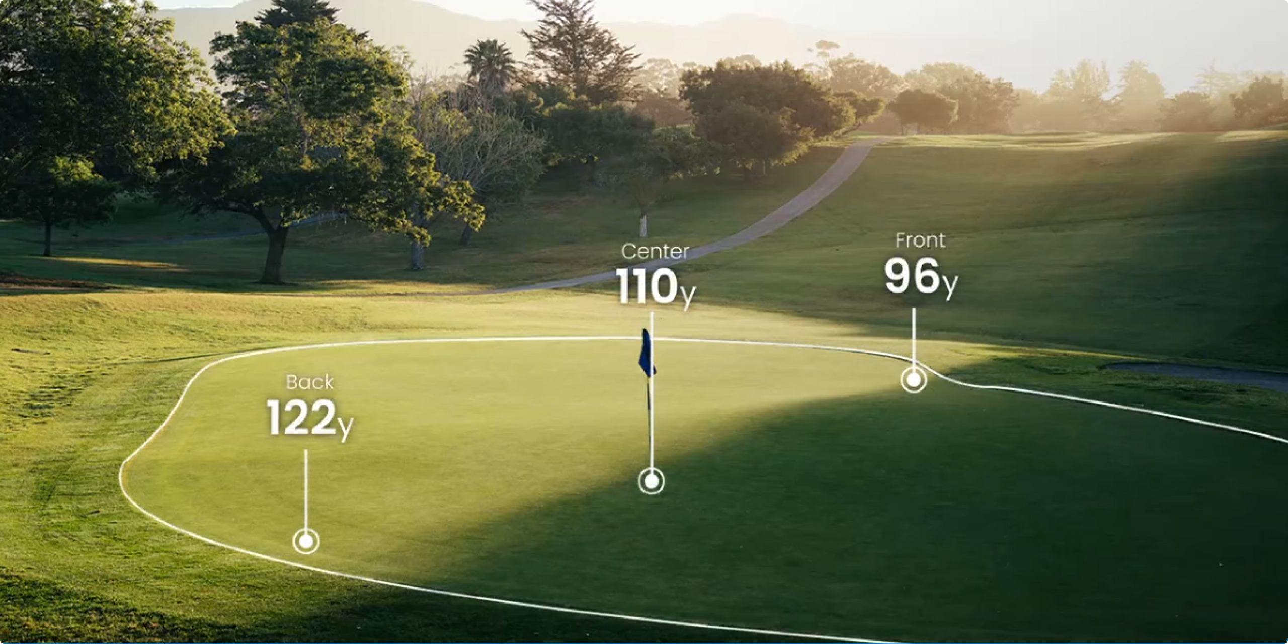 Displaying F/C/B yardage markers across the putting green on the golf course