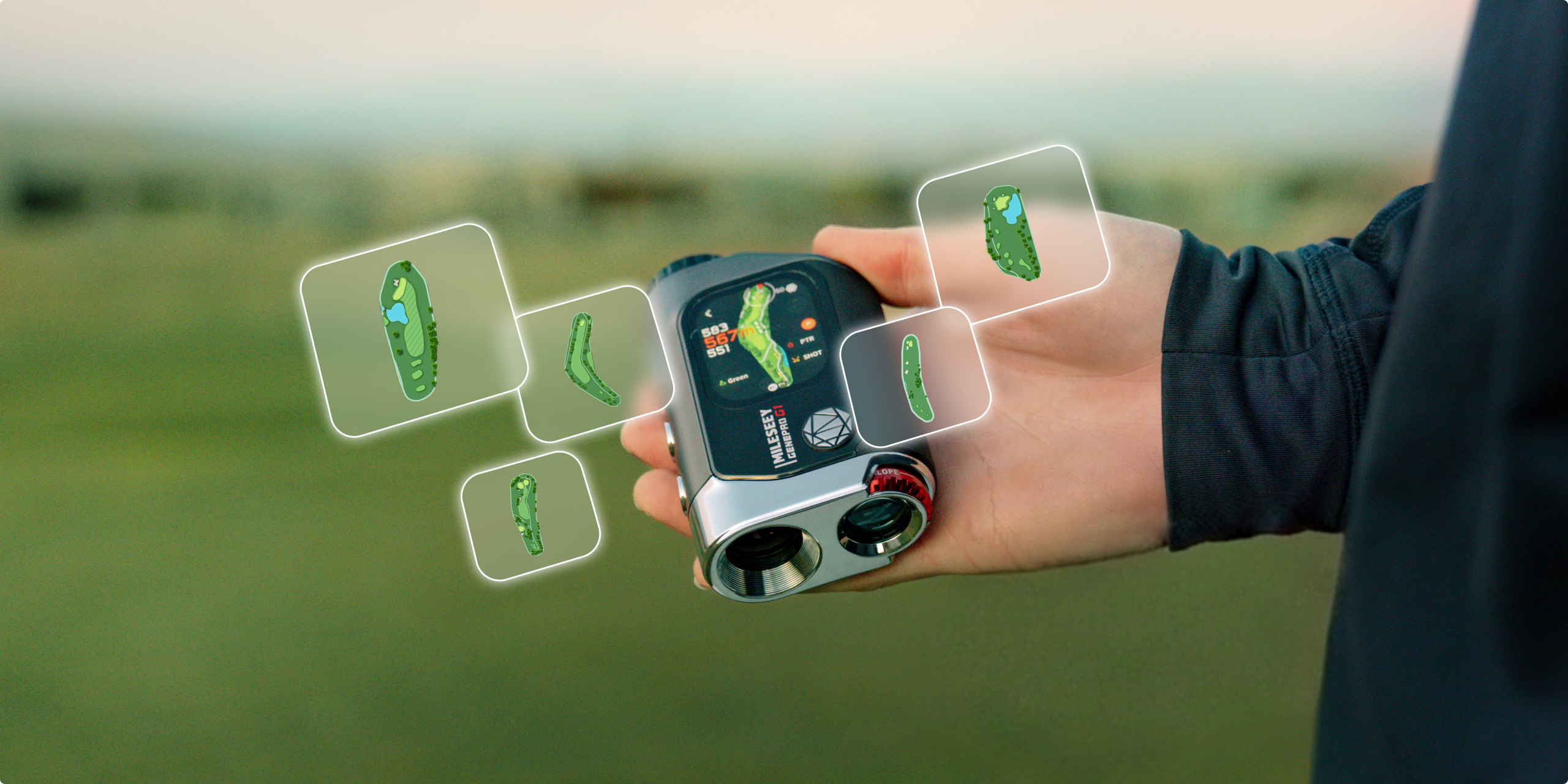 Holding the MILESEEY GenePro G1 golf laser rangefinder with floating golf course layout graphics