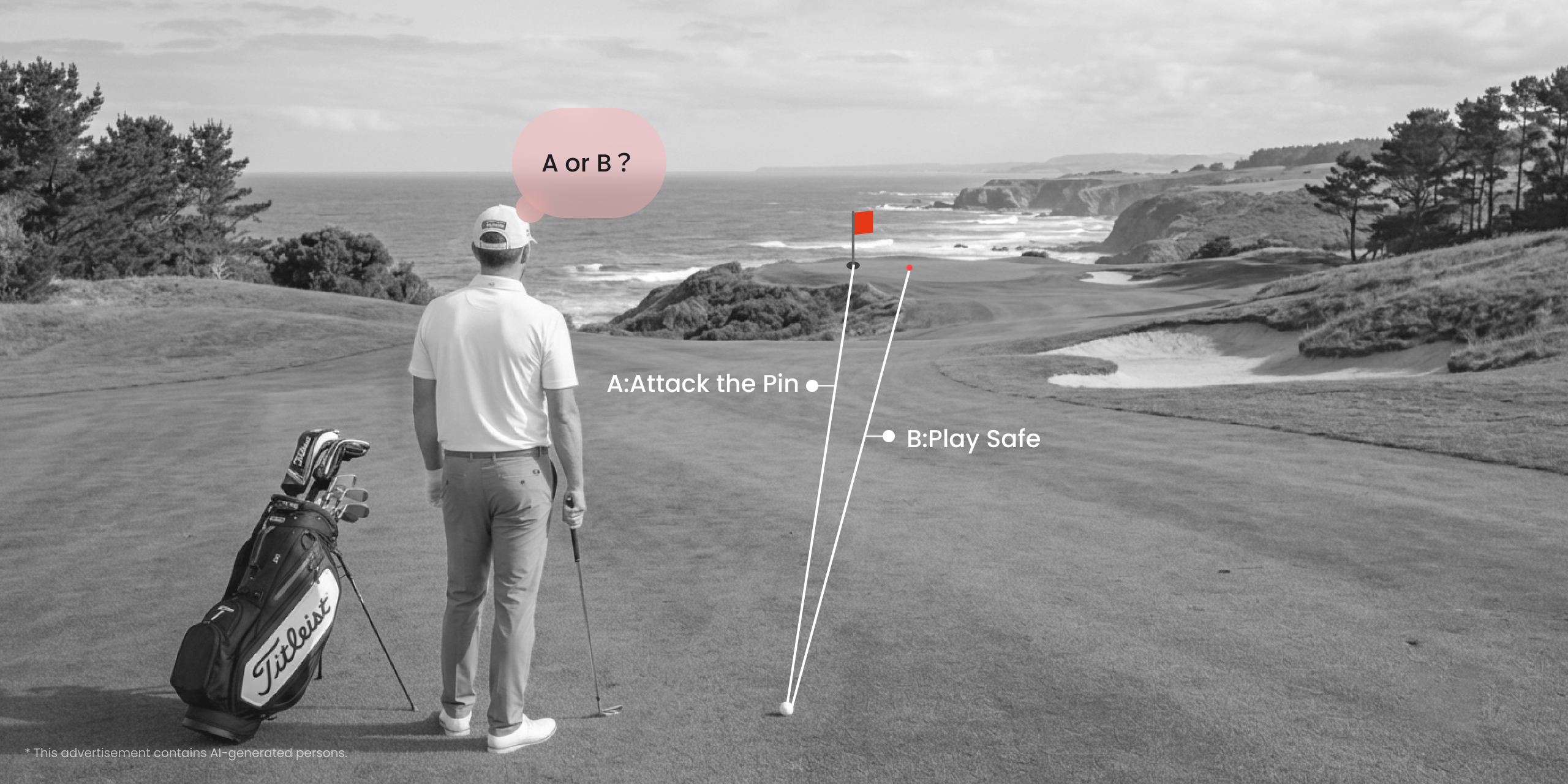 Male golfer standing on seaside fairway and viewing distance markers to the hole flag