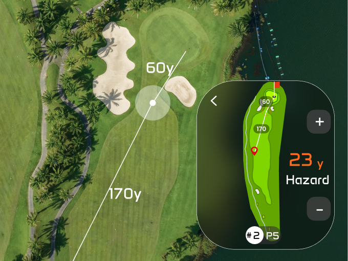 The interface displays precise yardage distances to bunkers and other golf course hazards.