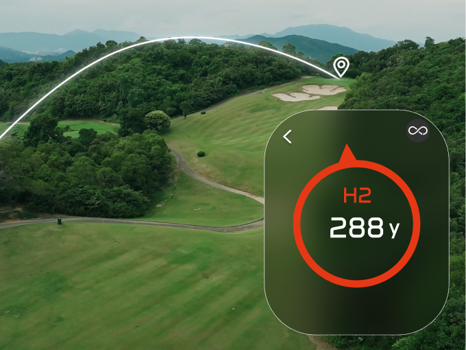 The screen shows yardage data alongside the simulated ball flight path over the golf fairway.