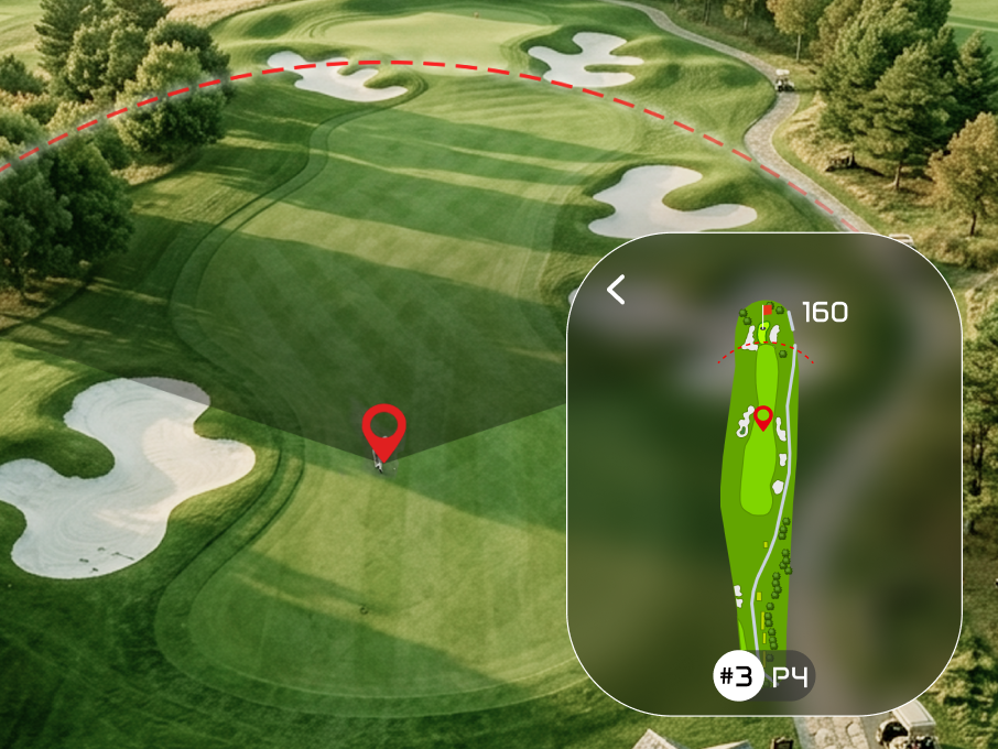 The device screen shows the overhead map layout of the golf hole with hazard positions.