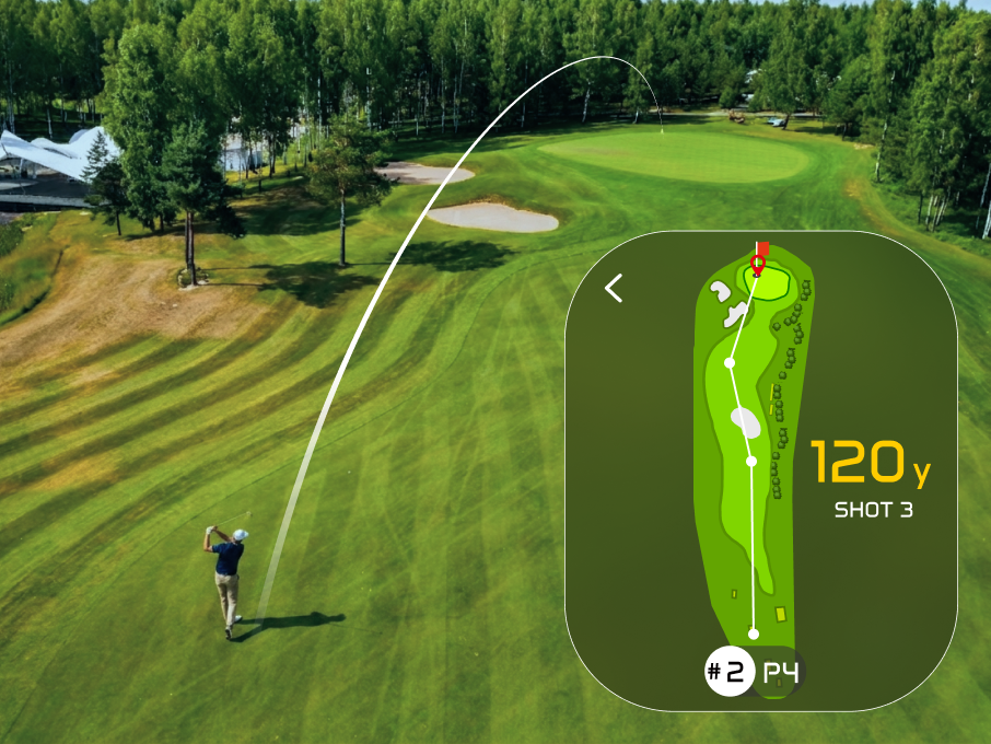 A golfer swings while the device shows hole map and distance to the target.