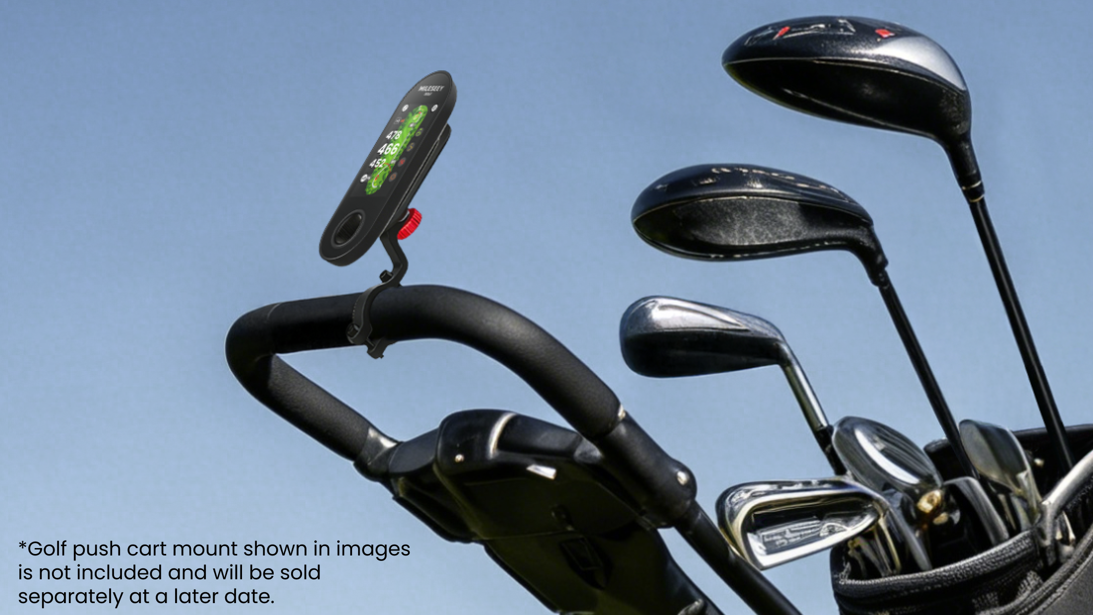 The MILESEEY GeneSonic Go is mounted on a golf bag beside golf clubs.