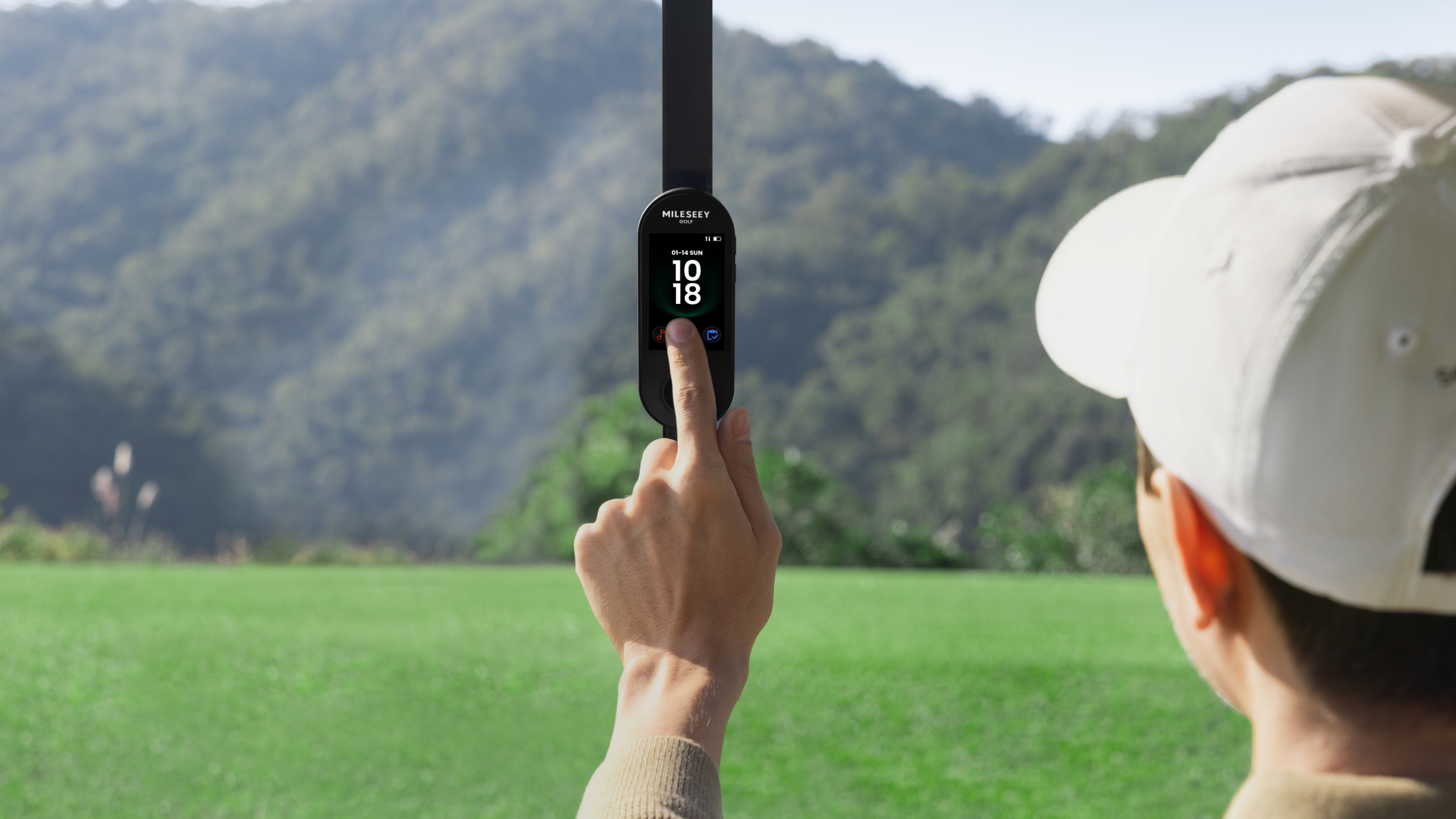 Golfer Tapping the MILESEEY GeneSonic Go GPS Handheld Mounted on a Golf Cart Bar