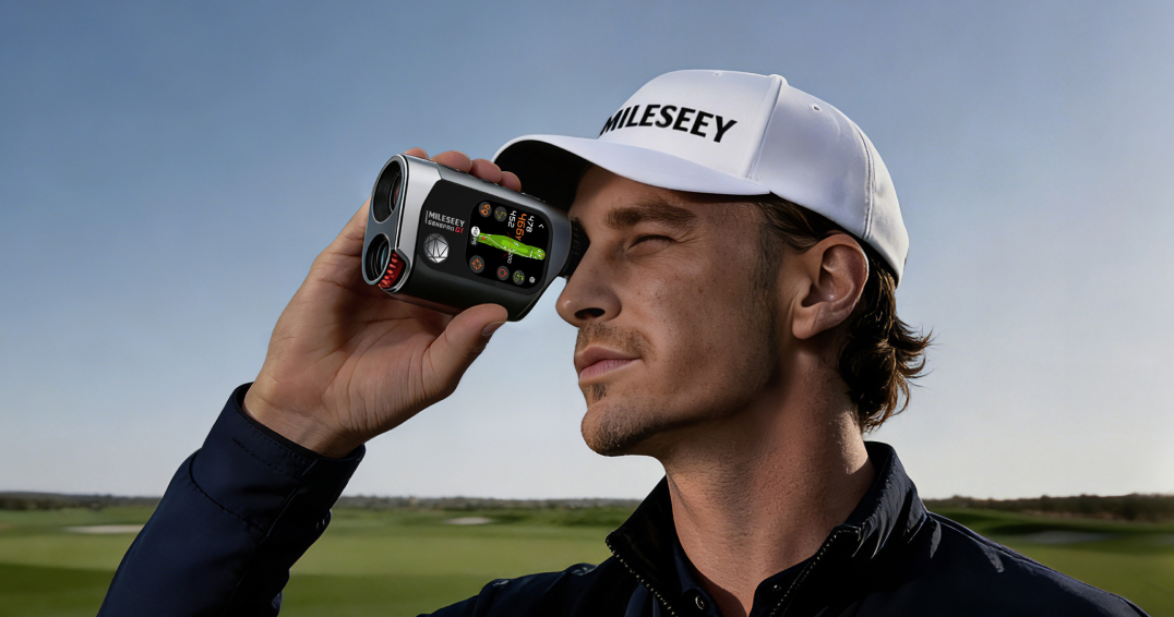 Golfer aiming with MILESEEY GenePro G1 Rangefinder on golf course