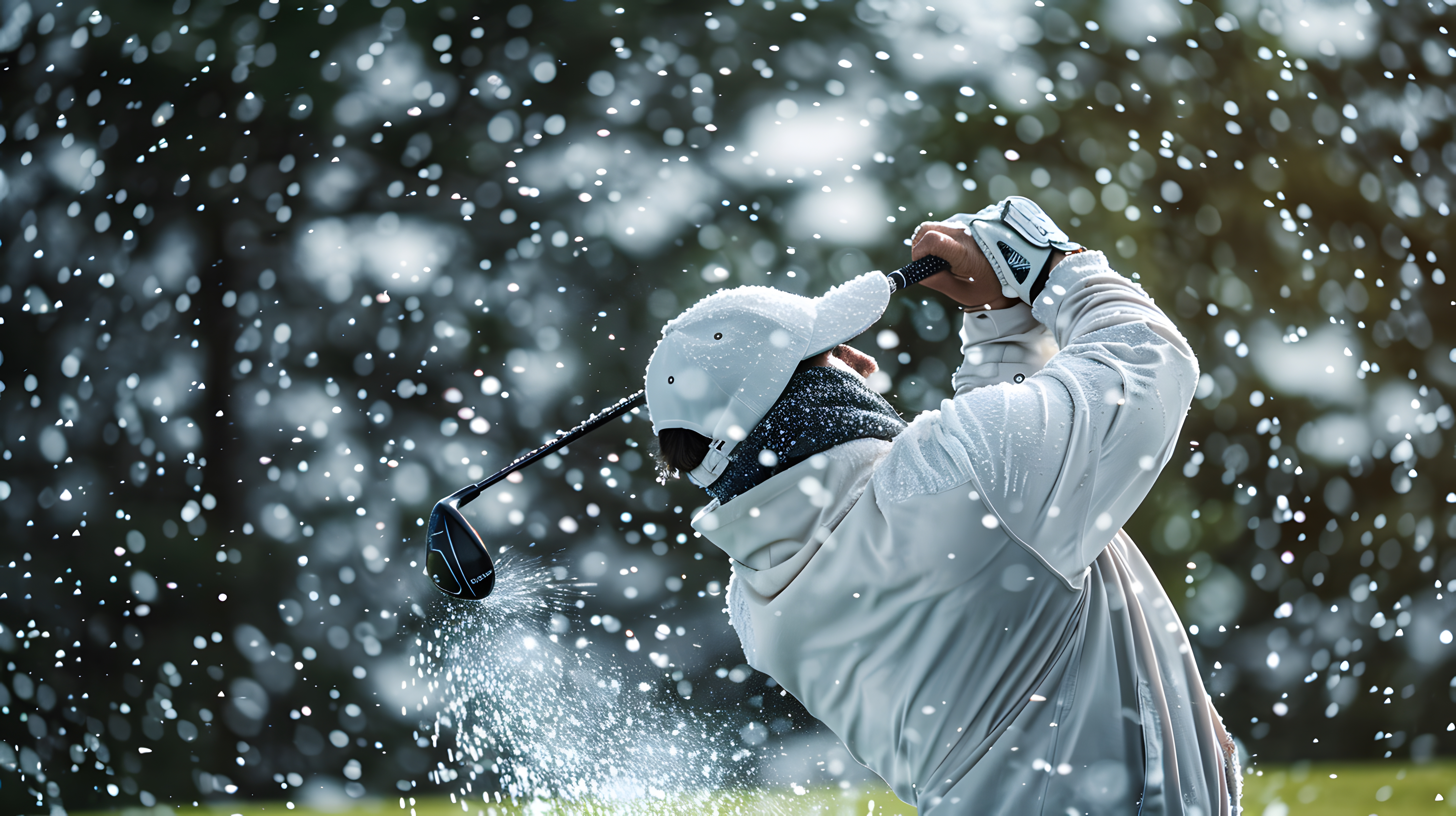 Golfer mid-swing in falling snow