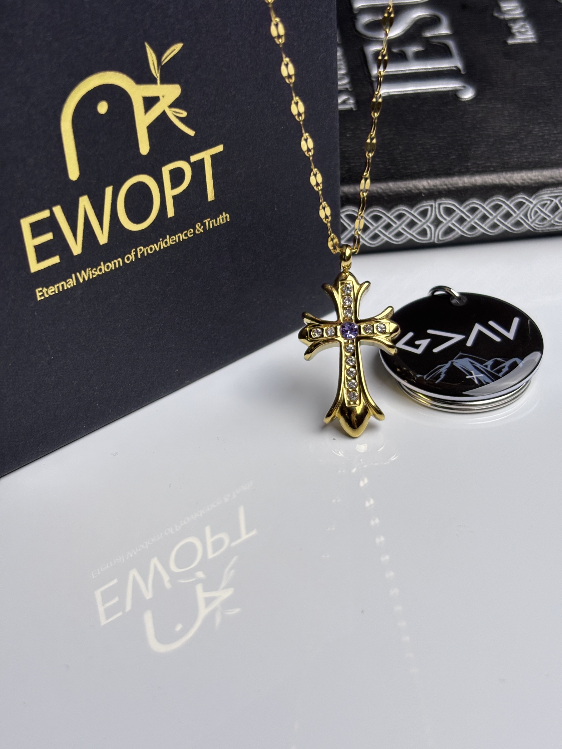 Chic gold cross necklace designed for the contemporary believer, complete with an NFC keychain for daily scripture readings.