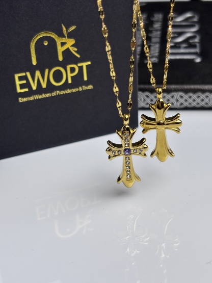 Elegant cross necklace in gold with jewel details, comes with a unique NFC keychain to unlock daily blessings from the Bible.