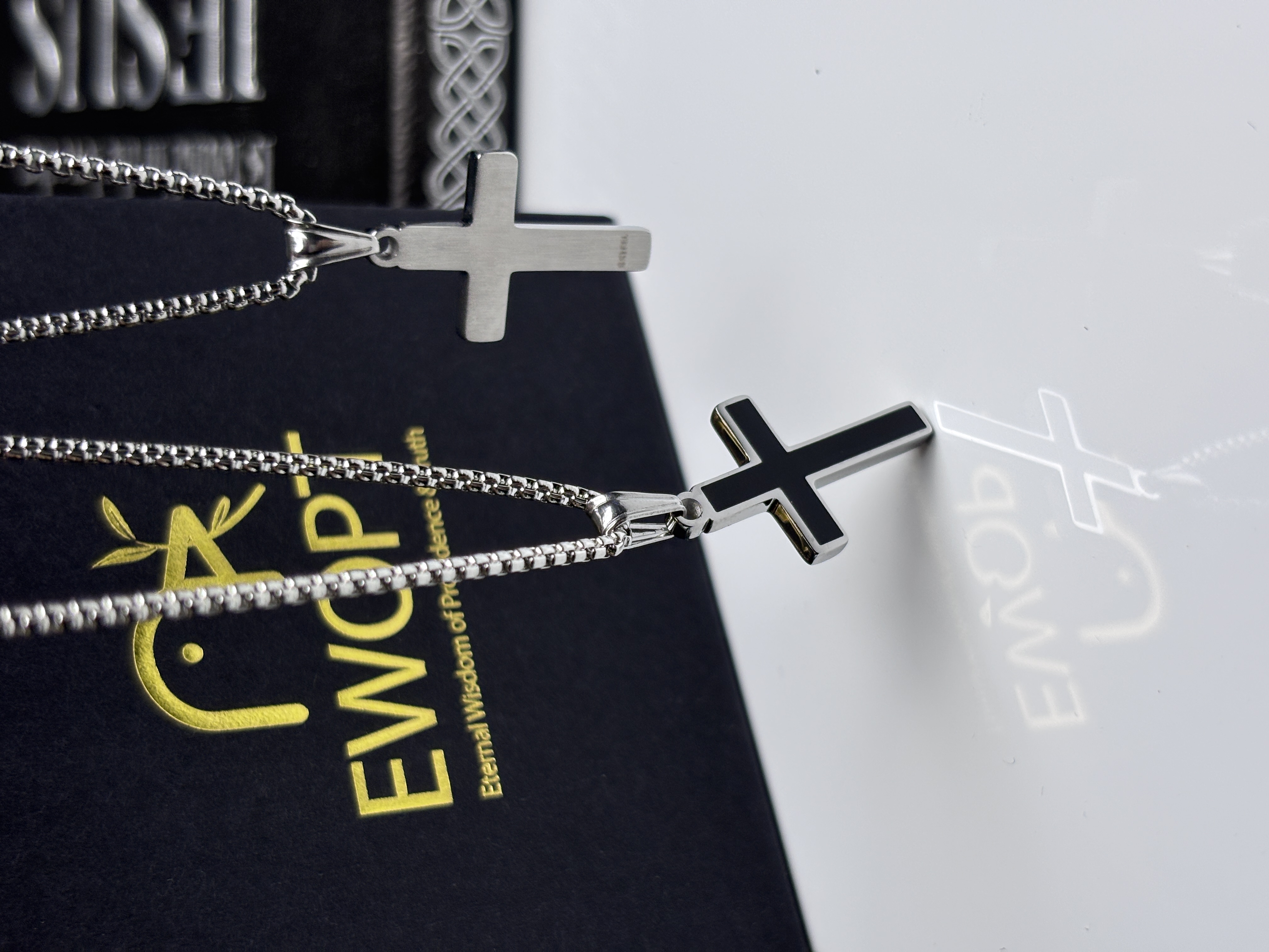 Modern sterling silver cross necklace with easy scripture access through embedded NFC, perfect for contemporary believers.