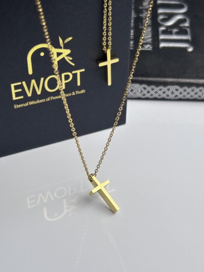 Gold-tone cross necklace paired with a revolutionary NFC keychain that provides instant access to daily Bible verses, designed for devout Christians seeking a modern approach to faith.