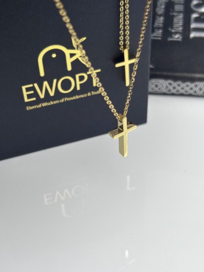Elegant gold cross necklace complemented by an NFC-enabled keychain for immediate access to scripture, merging classic elegance with digital innovation.
