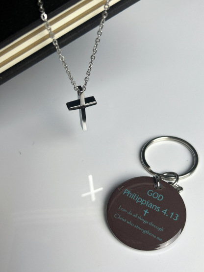 "Strength of Faith" Silver Cross Necklace with Philippians 4:13 NFC Keychain – Empower Your Day