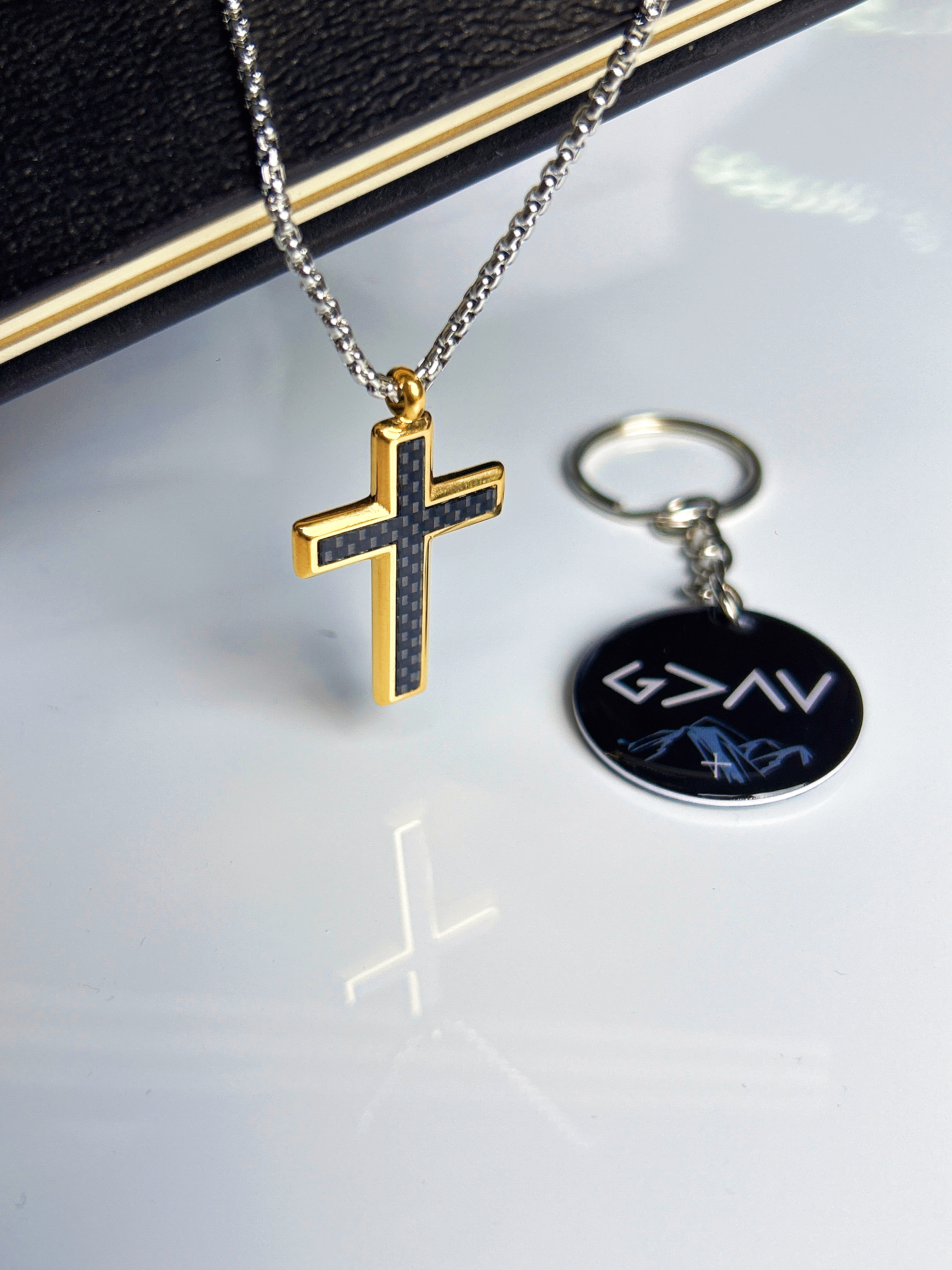 "Modern Faith" Stainless Steel and Carbon Fiber Cross Necklace with NFC Scripture Keychain