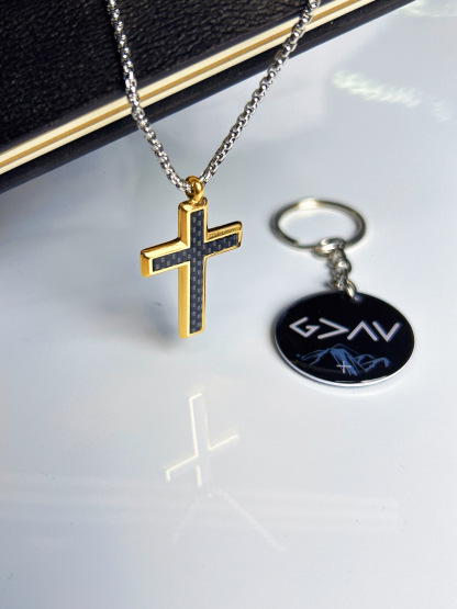 "Modern Faith" Stainless Steel and Carbon Fiber Cross Necklace with NFC Scripture Keychain