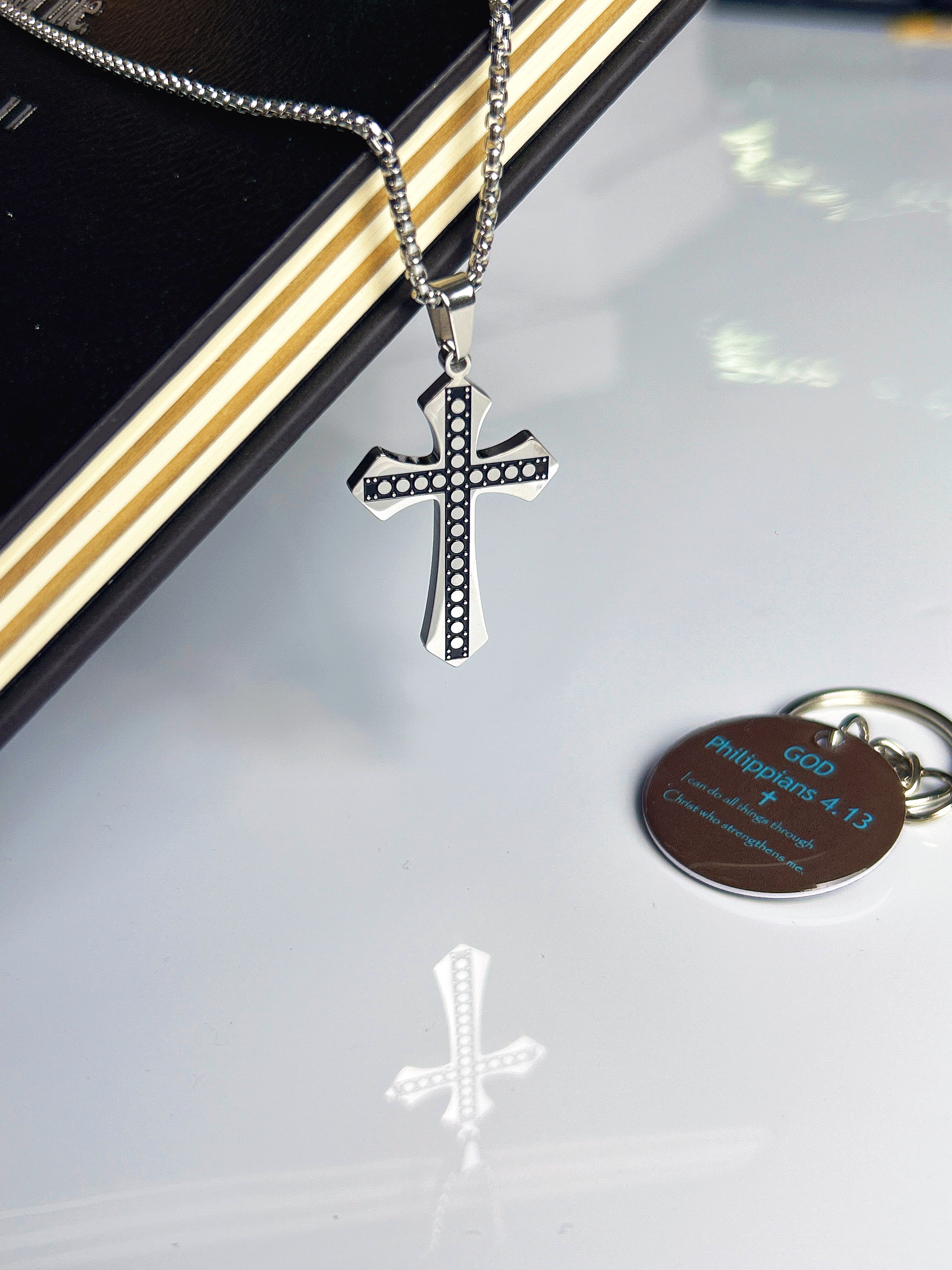 "Daily Inspiration" Stainless Steel Cross Necklace with NFC Scripture Access Keychain