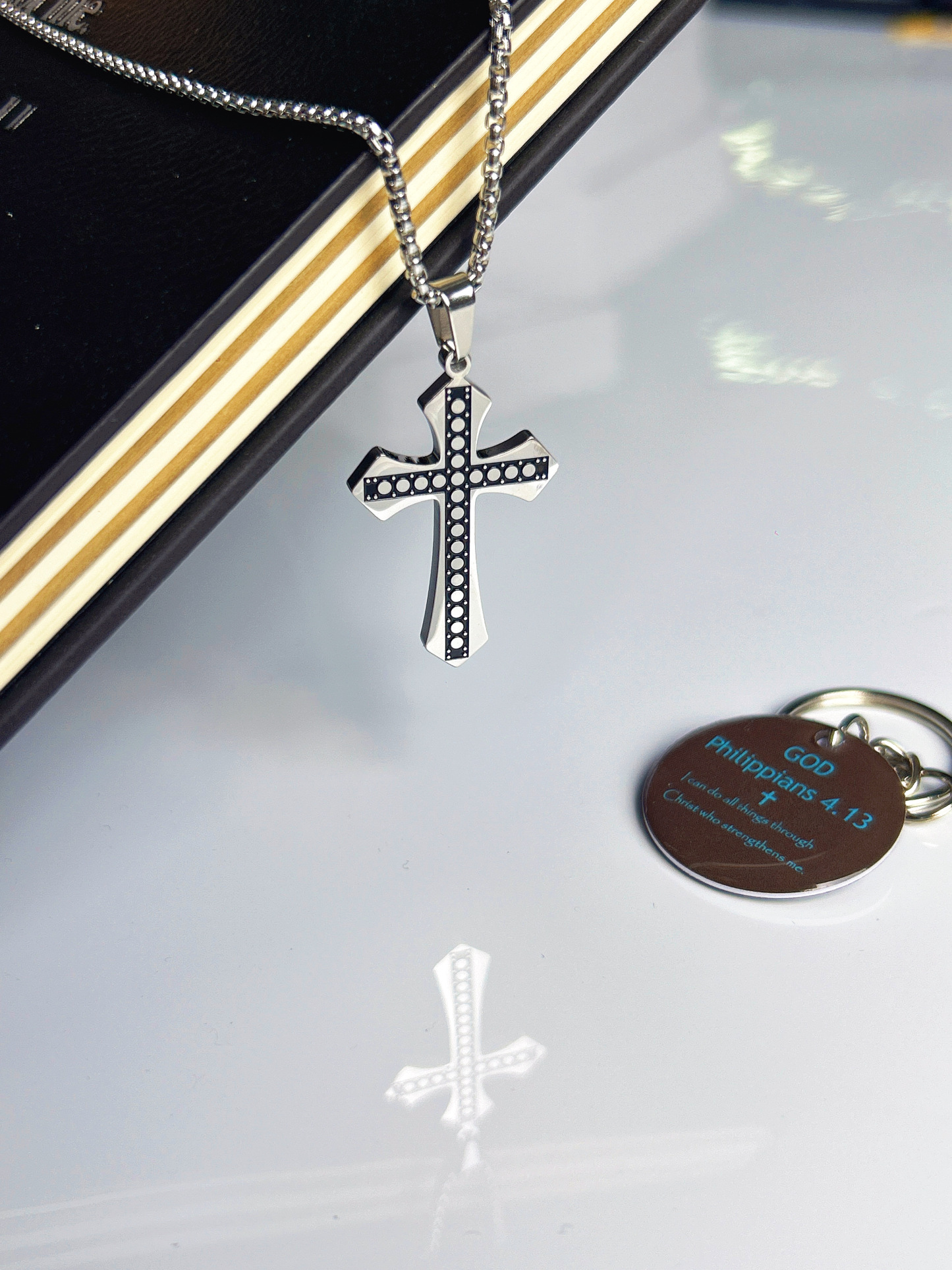 "Daily Inspiration" Stainless Steel Cross Necklace with NFC Scripture Access Keychain