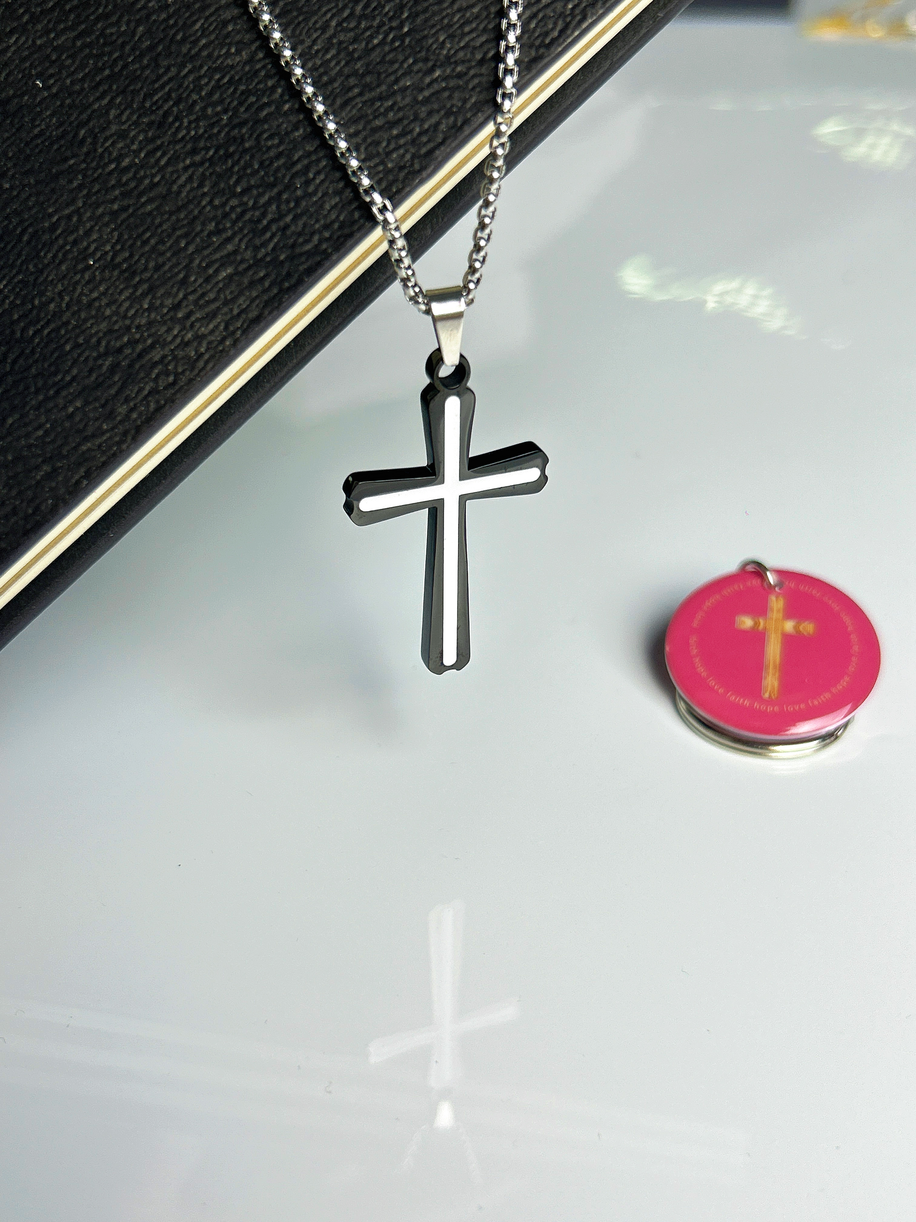 "Eternal Contrast" Stainless Steel Cross Necklace with NFC Devotional Keychain – Black & White Design