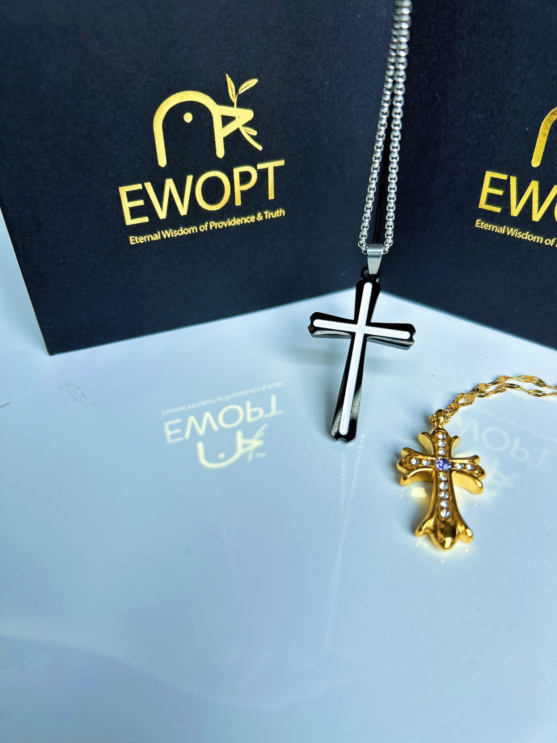 "Eternal Contrast" Stainless Steel Cross Necklace with NFC Devotional Keychain – Black & White Design