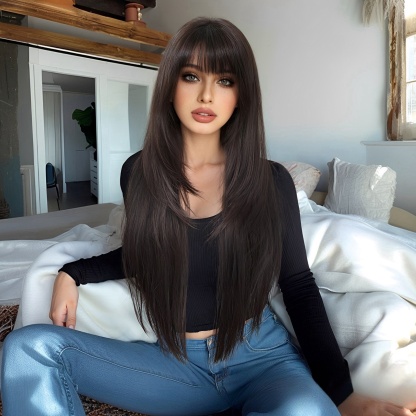 Ethereal Air Bangs Long Straight Wig: Fashionable Layers, Charming Allure