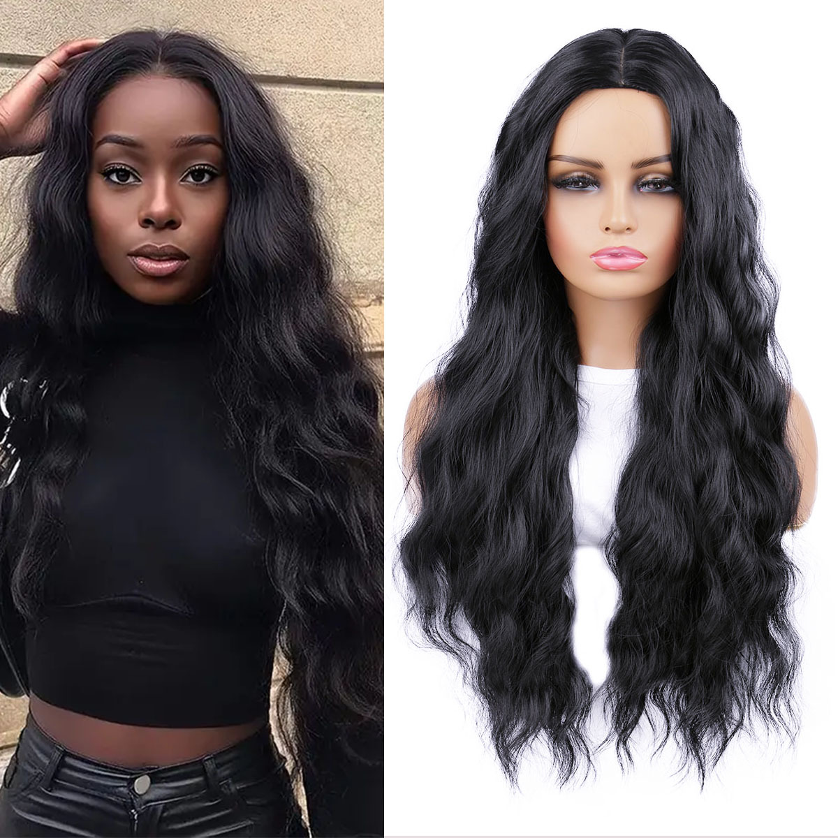Long, curly black hair with a middle - parted fringe