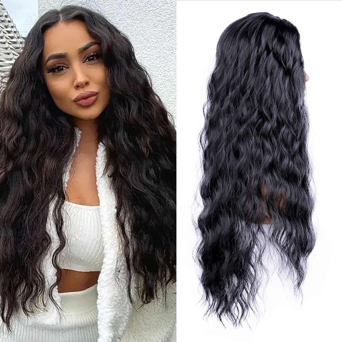 Long, curly black hair with a middle - parted fringe