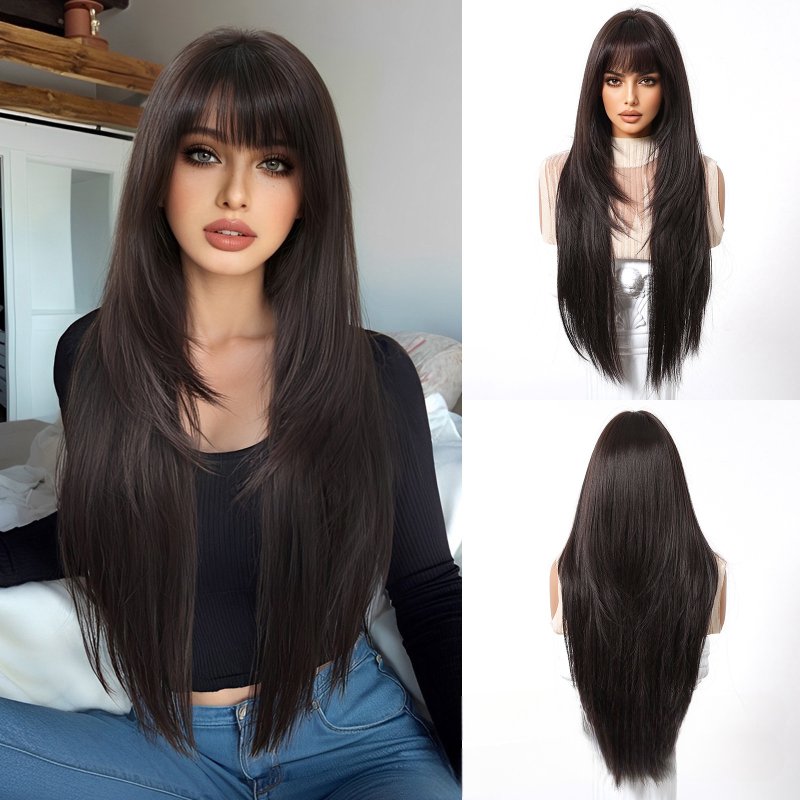 Ethereal Air Bangs Long Straight Wig: Fashionable Layers, Charming Allure