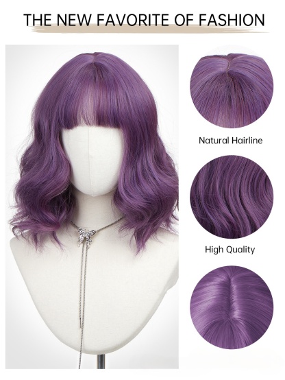 Fashionable wigs | Bob hairstyle with short curly hair and a straight bang.