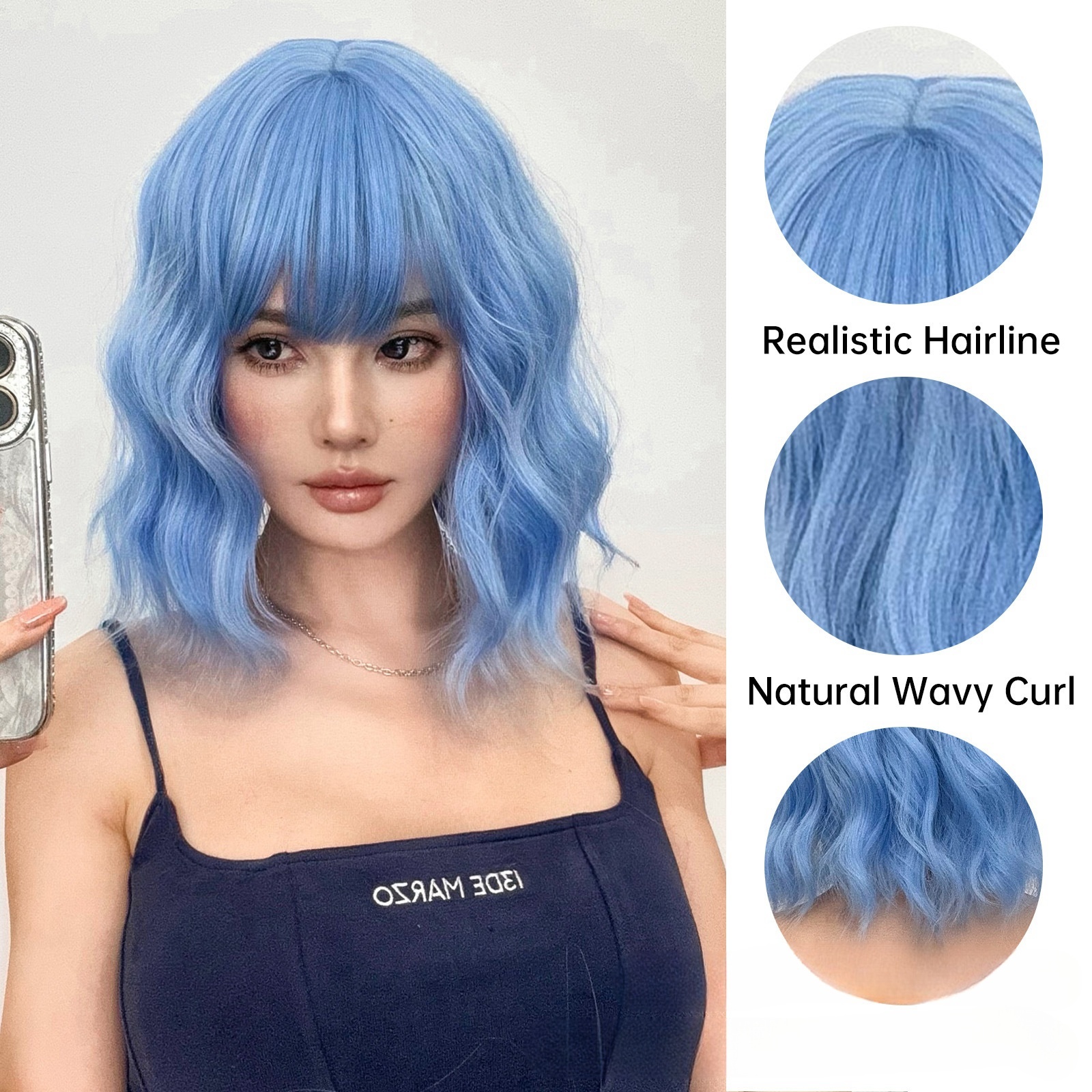 Fashionable wigs | Bob hairstyle with short curly hair and a straight bang.