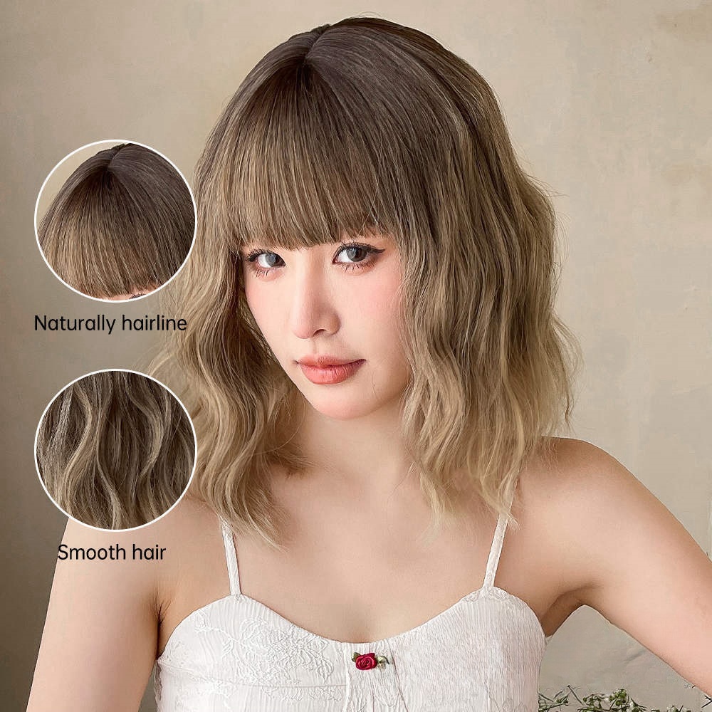 Fashionable wigs | Bob hairstyle with short curly hair and a straight bang.