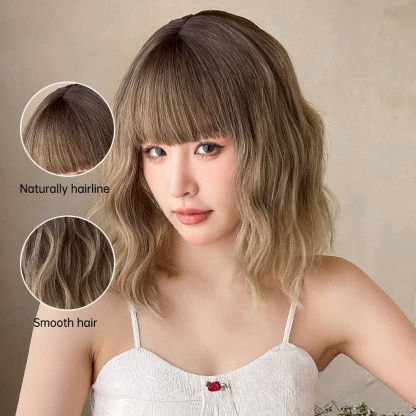 Fashionable wigs | Bob hairstyle with short curly hair and a straight bang.