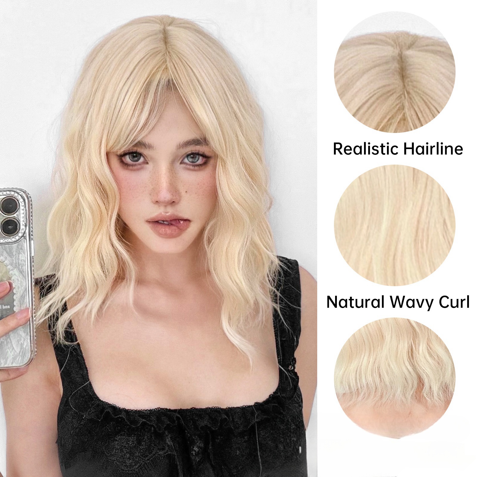 Fashionable wigs | Bob hairstyle with short curly hair and a straight bang.