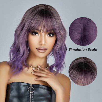 Fashionable wigs | Bob hairstyle with short curly hair and a straight bang.