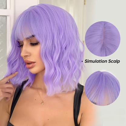 Fashionable wigs | Bob hairstyle with short curly hair and a straight bang.