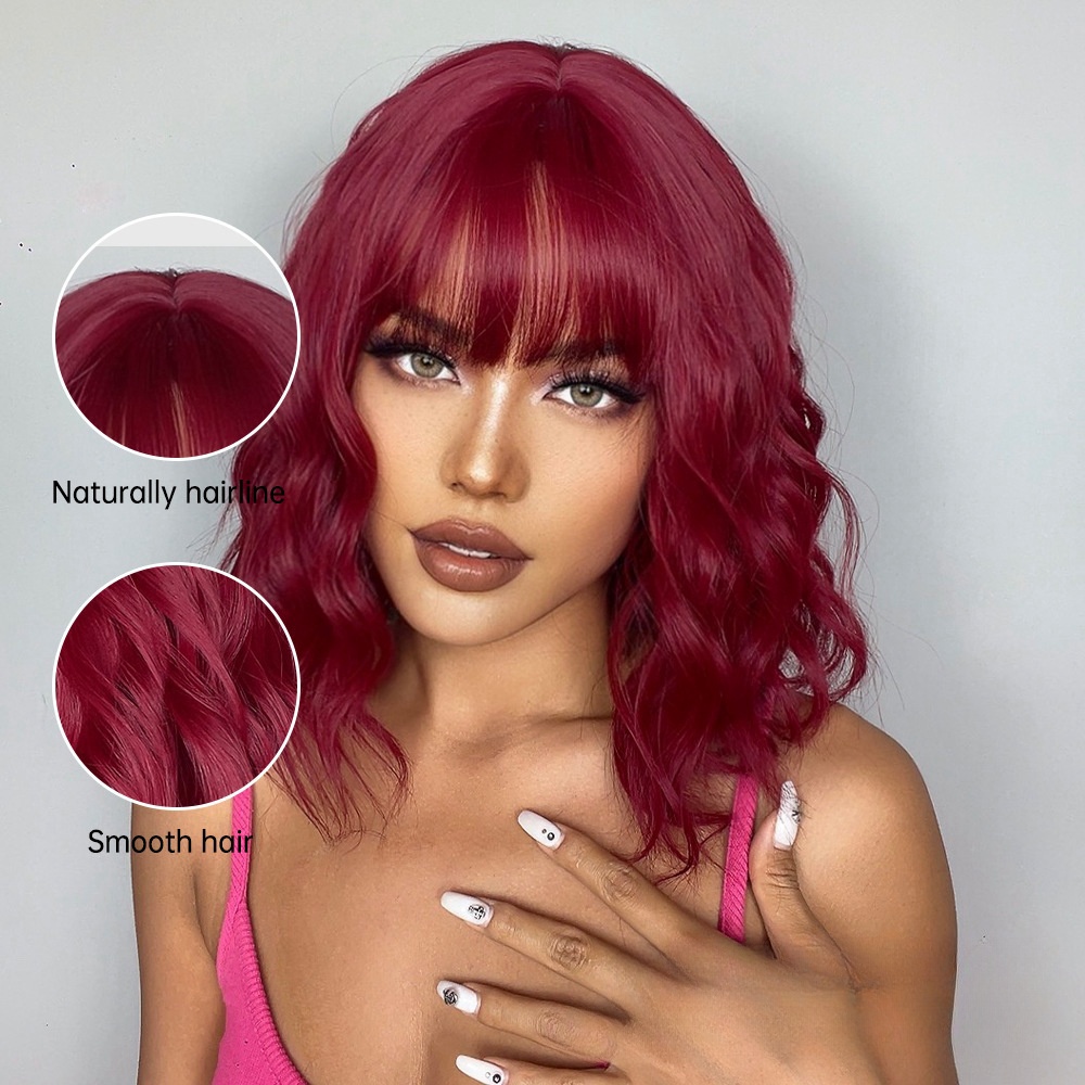 Fashionable wigs | Bob hairstyle with short curly hair and a straight bang.