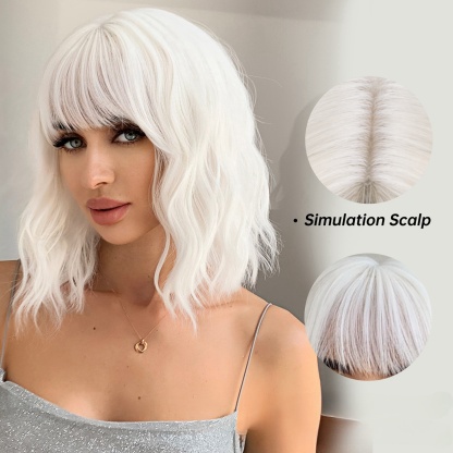 Fashionable wigs | Bob hairstyle with short curly hair and a straight bang.