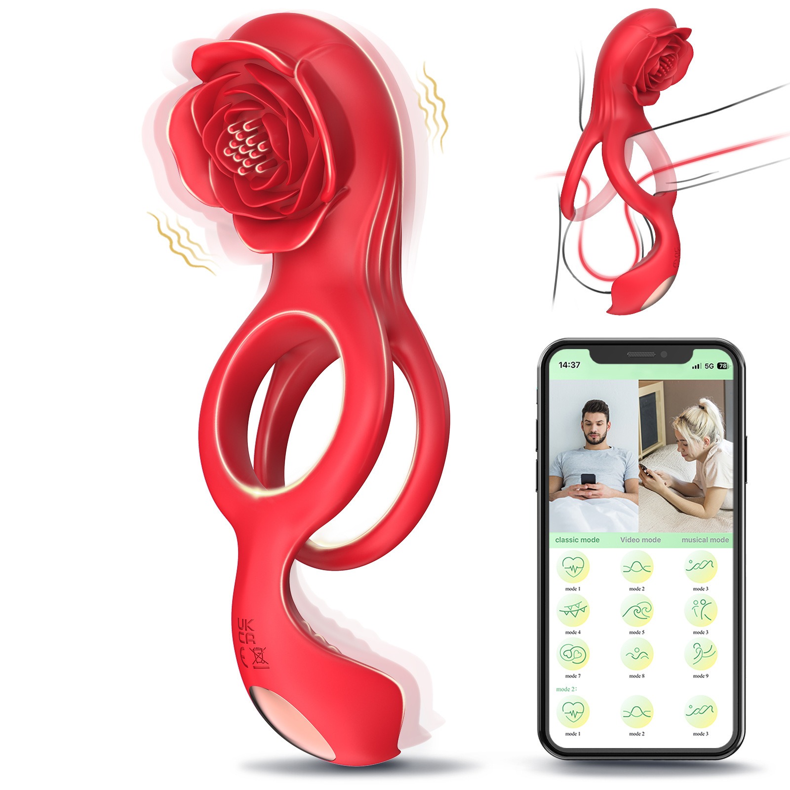 💥2024 Hot Sale - 🌹Rose Lock Double Ring Penis Clitoris Stimulation - Can be controlled via APP