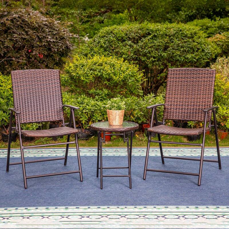 Black 3-Piece Metal Folding Round Table Patio Outdoor Bistro Set with Folding Reclining Rattan Chairs-Paradise Island Wear