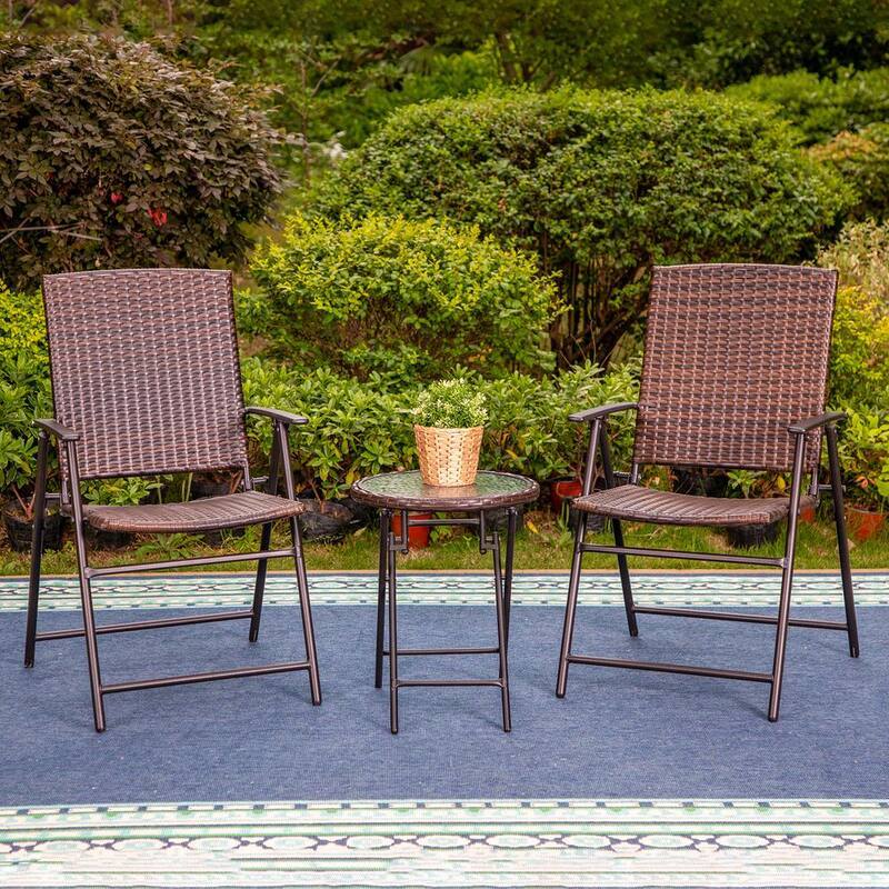Black 3-Piece Metal Folding Round Table Patio Outdoor Bistro Set with Folding Reclining Rattan Chairs-Paradise Island Wear