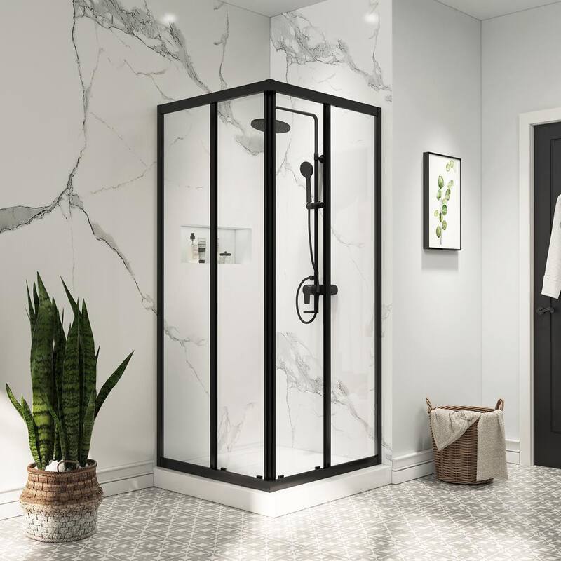 Marissa 36 in. L x 36 in. W x 80 in. H Off-Center Drain Corner Shower Stall Enclosure in White and Black-Paradise Island Wear