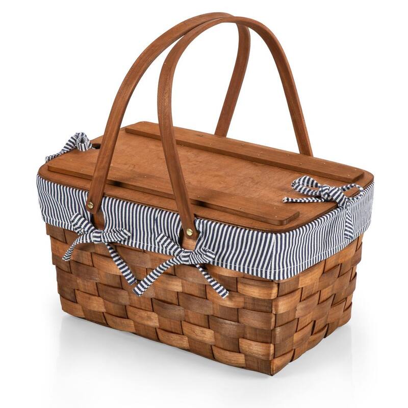 Kansas Navy Blue and Stripe Handwoven Wood Picnic Basket-Paradise Island Wear