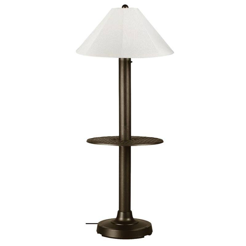 63.5 in. Bronze Outdoor Floor Lamp with Tray Table and Natural Linen Shade-Paradise Island Wear